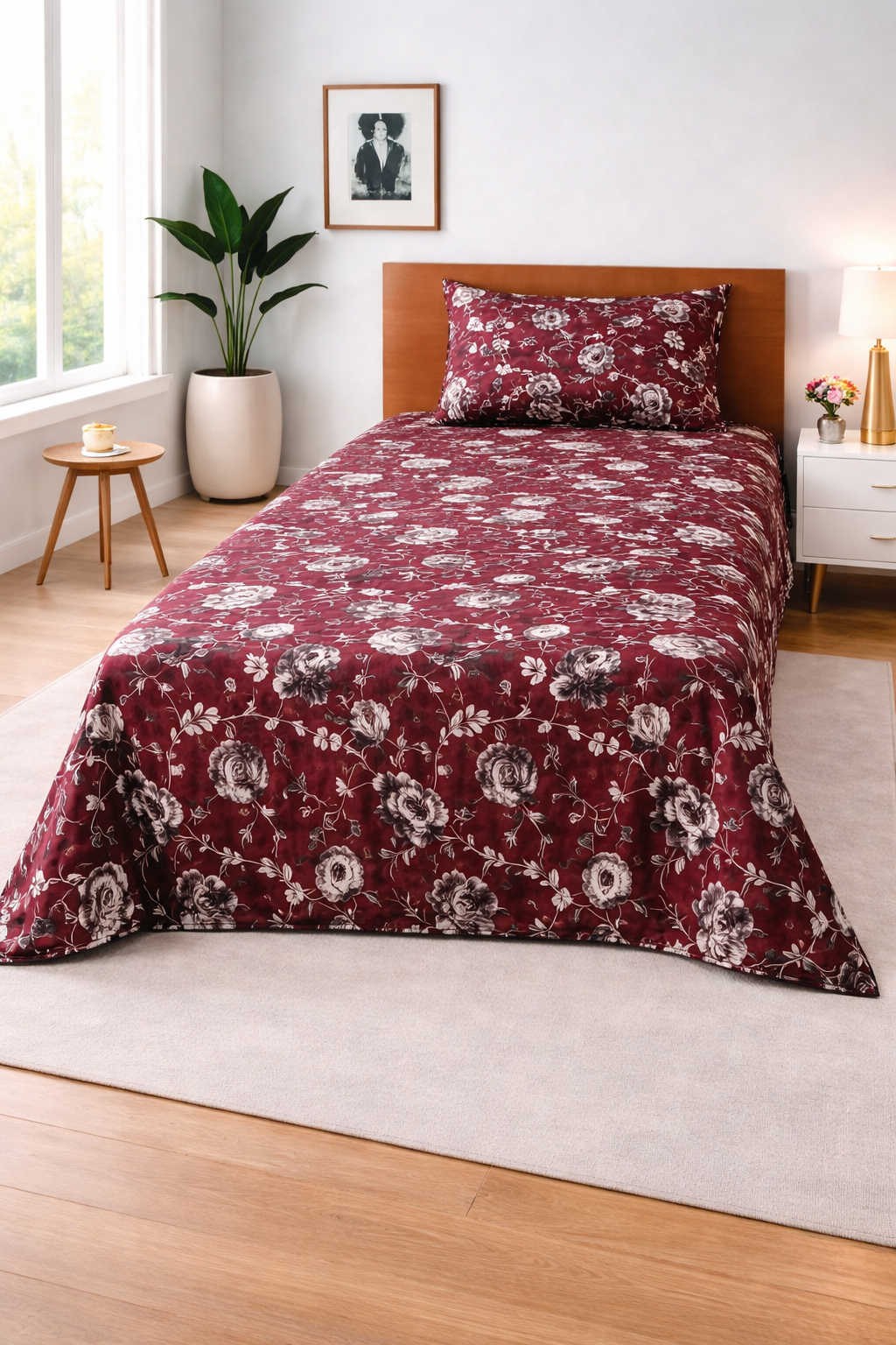 Maroon Floral Charm — Single Bedsheet Set