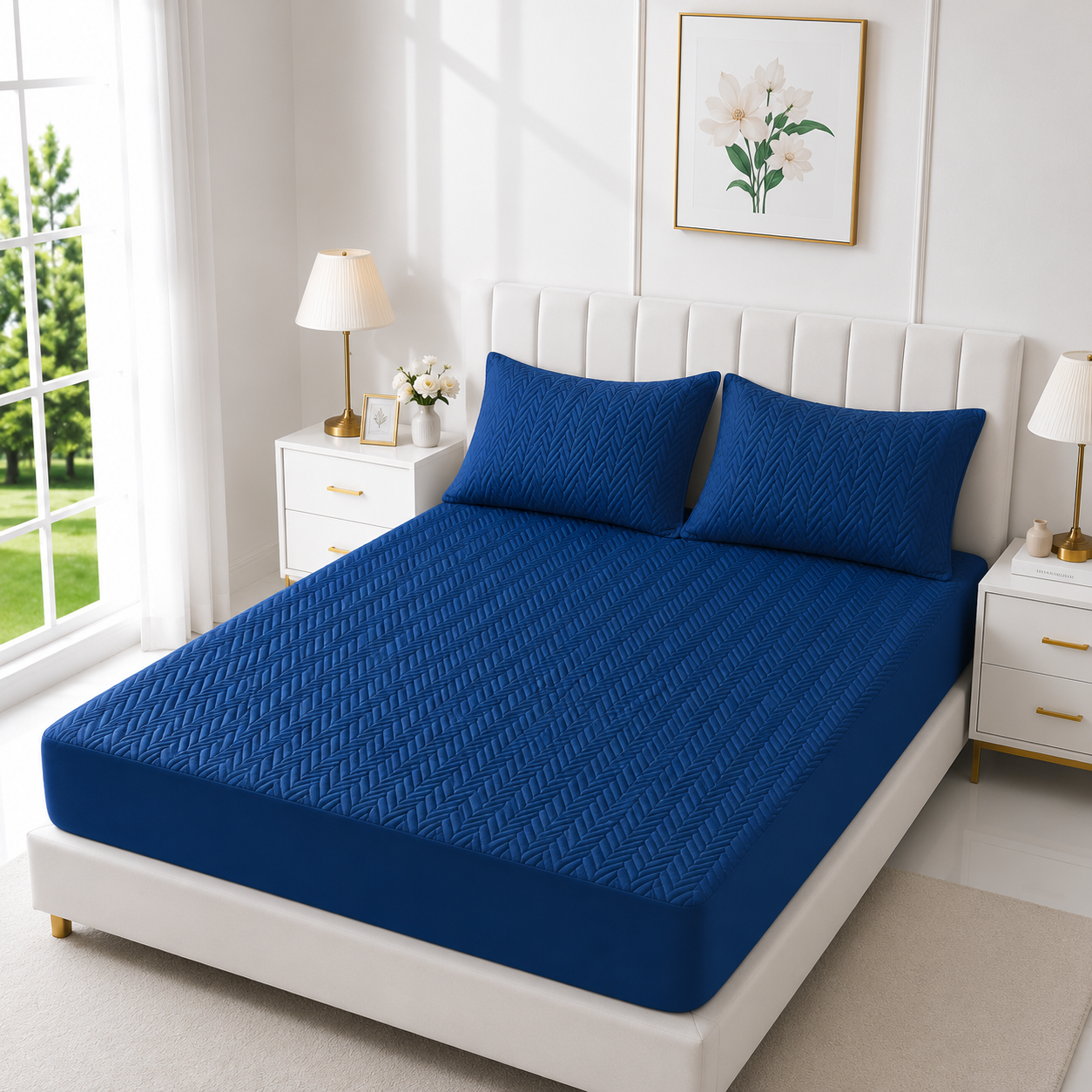 Quilted Waterproof Mattress Cover with Pillows — Dark Blue
