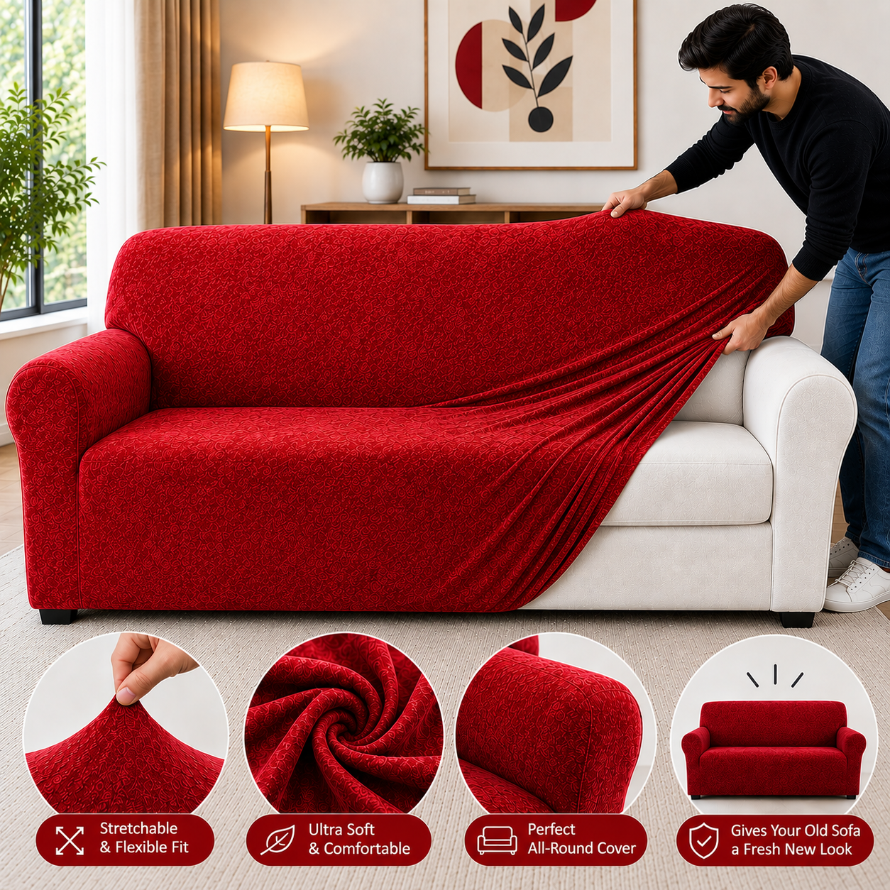 Red - Plush velvet sofa Cover