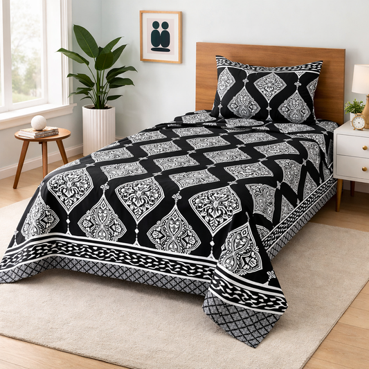 Black Royal Motif — Single Bedsheet Set