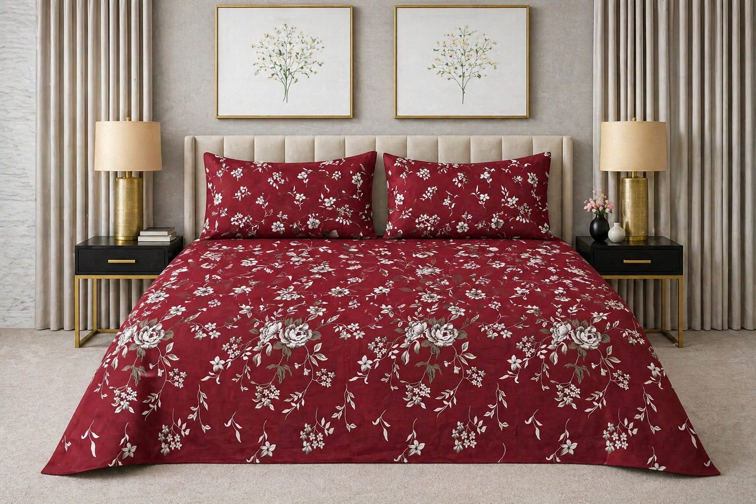 Crimson Blossom — King Bedsheet Set