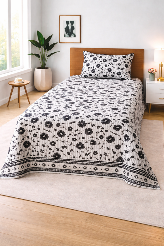 Monochrome Bloom — Single Bedsheet Set