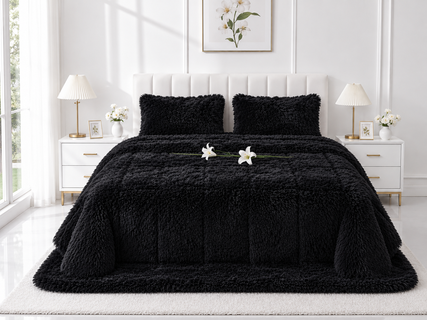4-Piece Shaggy Quilt Set — Black