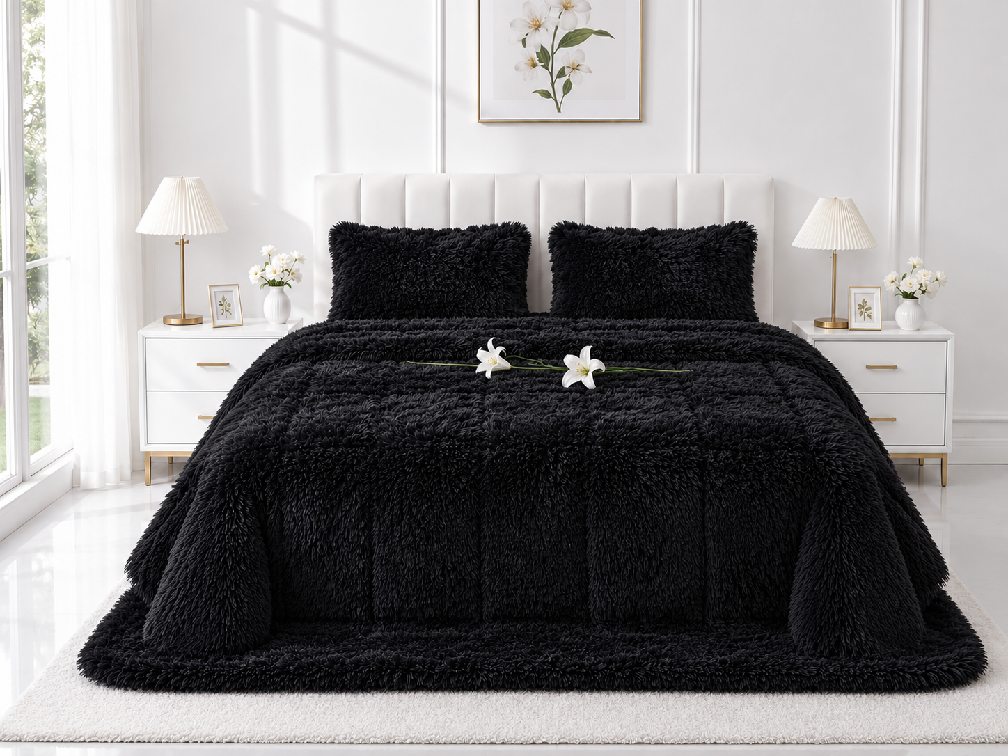 4-Piece Shaggy Quilt Set — Black
