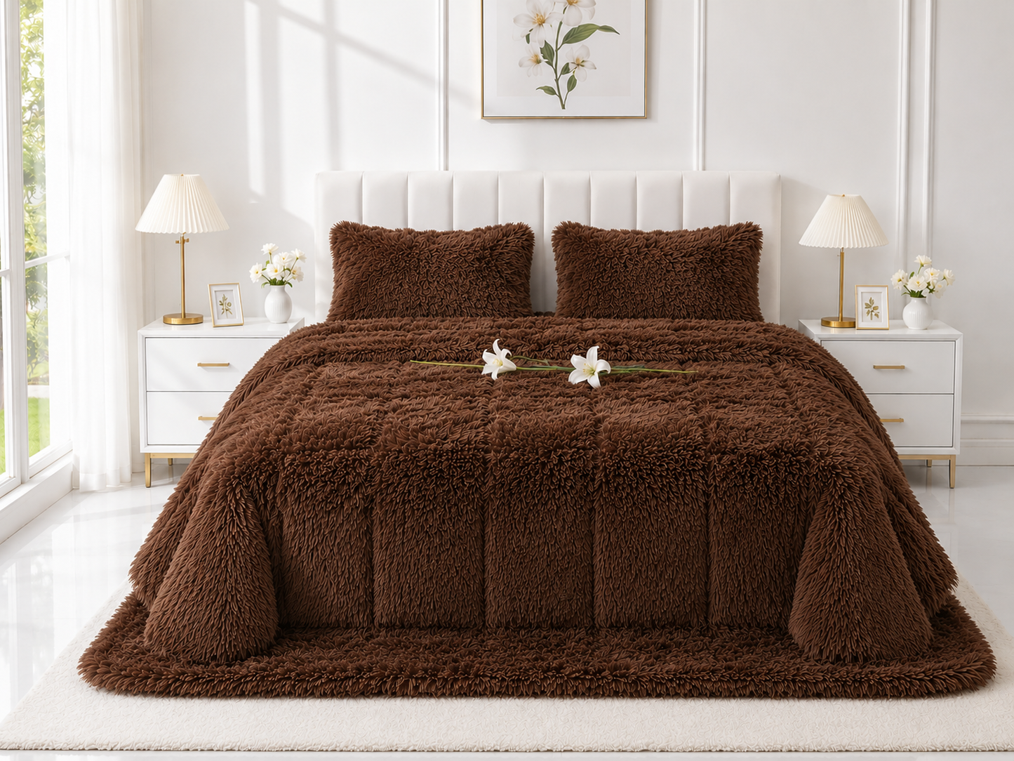 4-Piece Shaggy Quilt Set — Brown