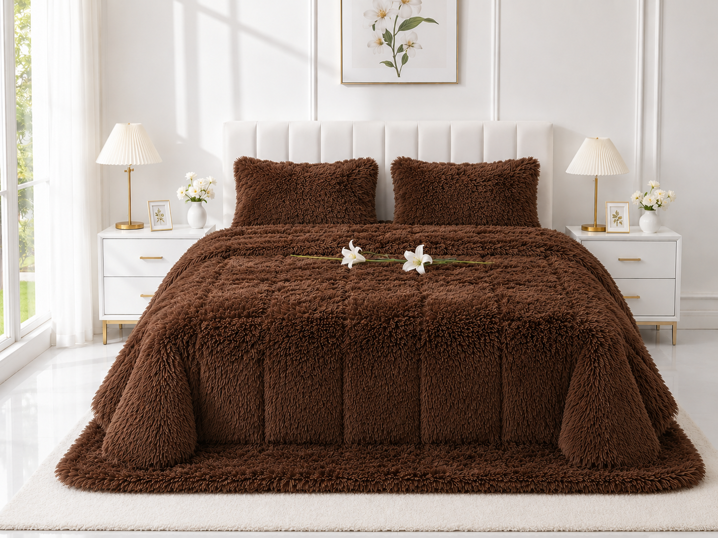 4-Piece Shaggy Quilt Set — Brown