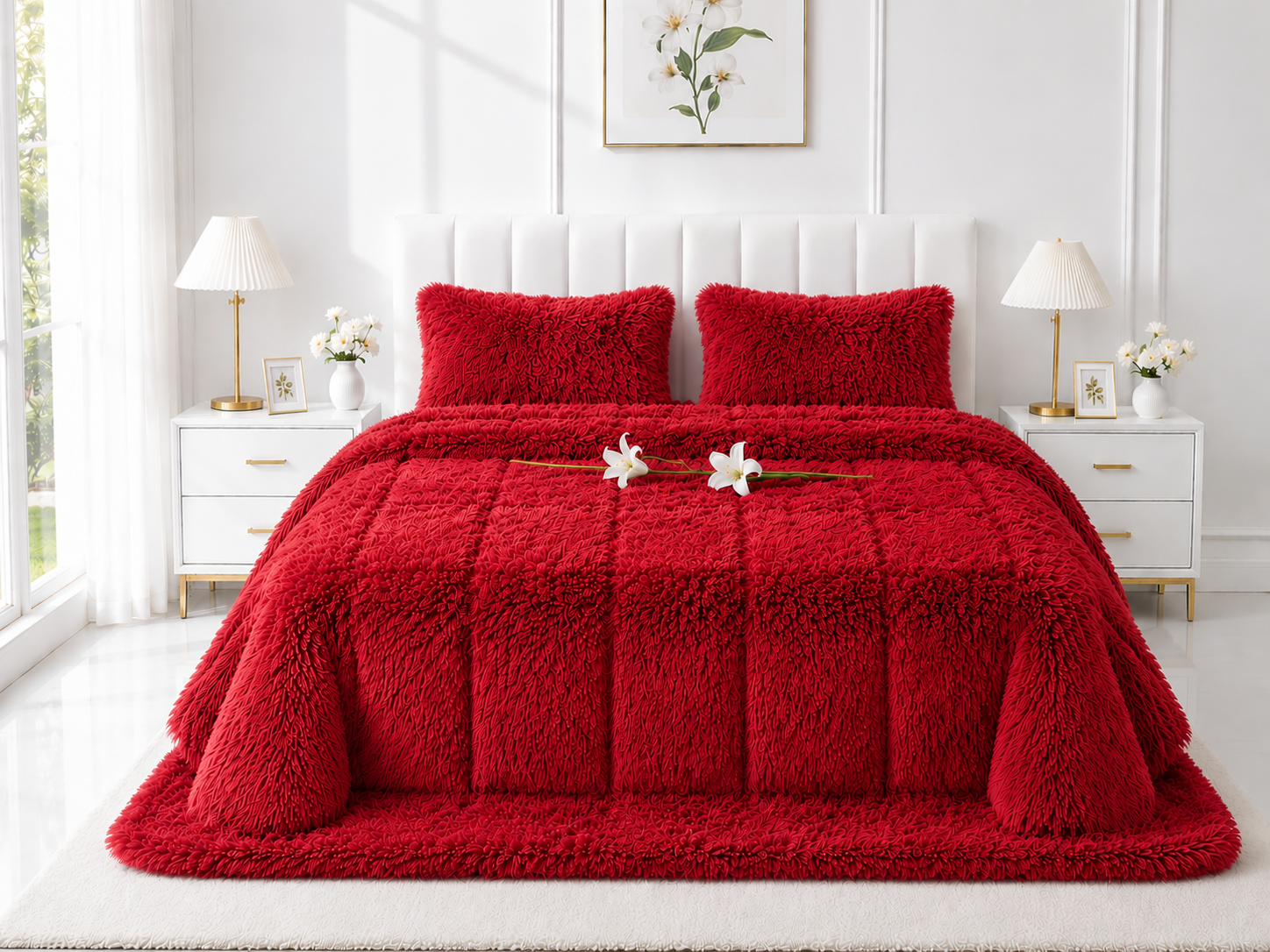 4-Piece Shaggy Quilt Set — Red