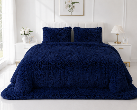 4-Piece Shaggy Quilt Set — Blue