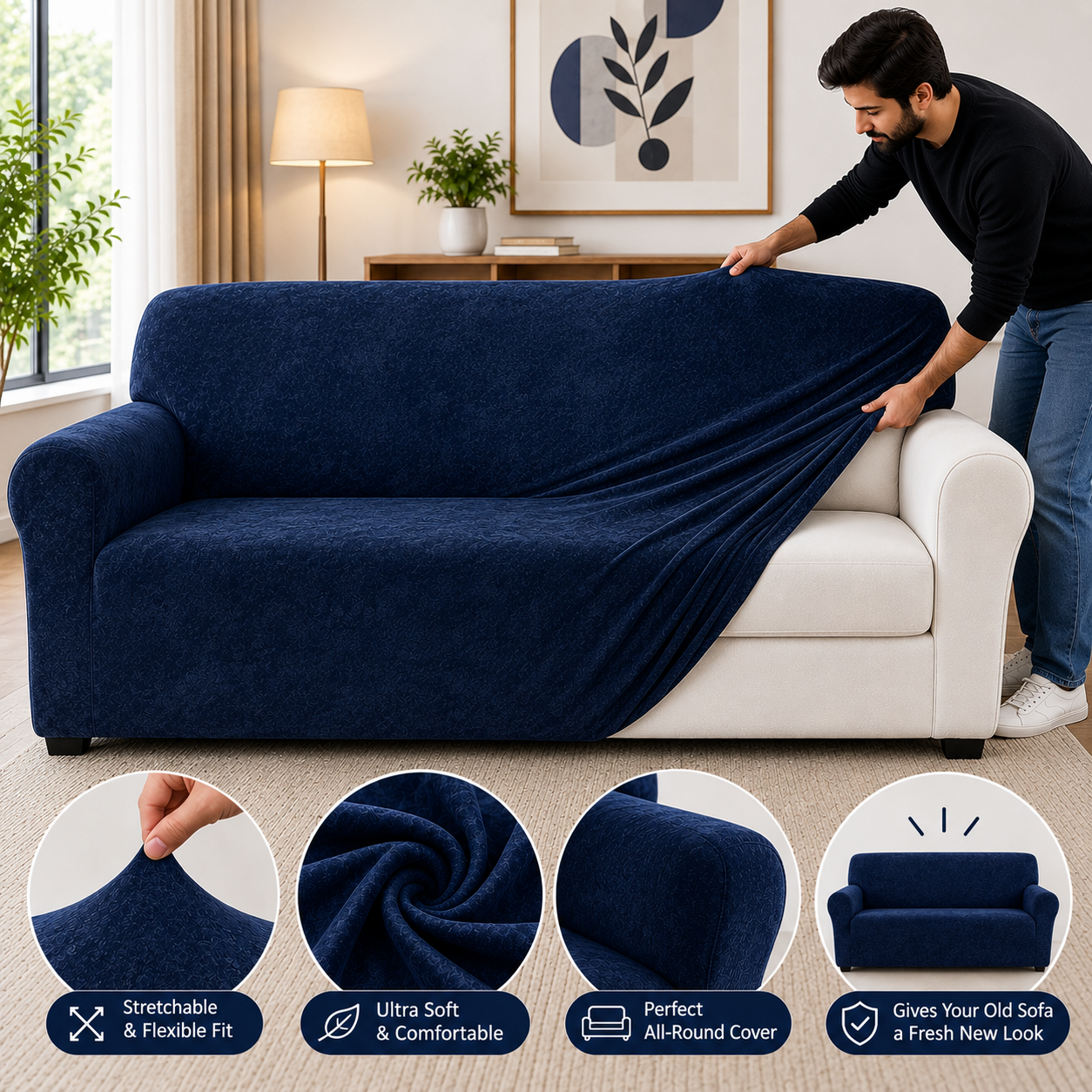 Dark Blue - Plush velvet sofa Cover