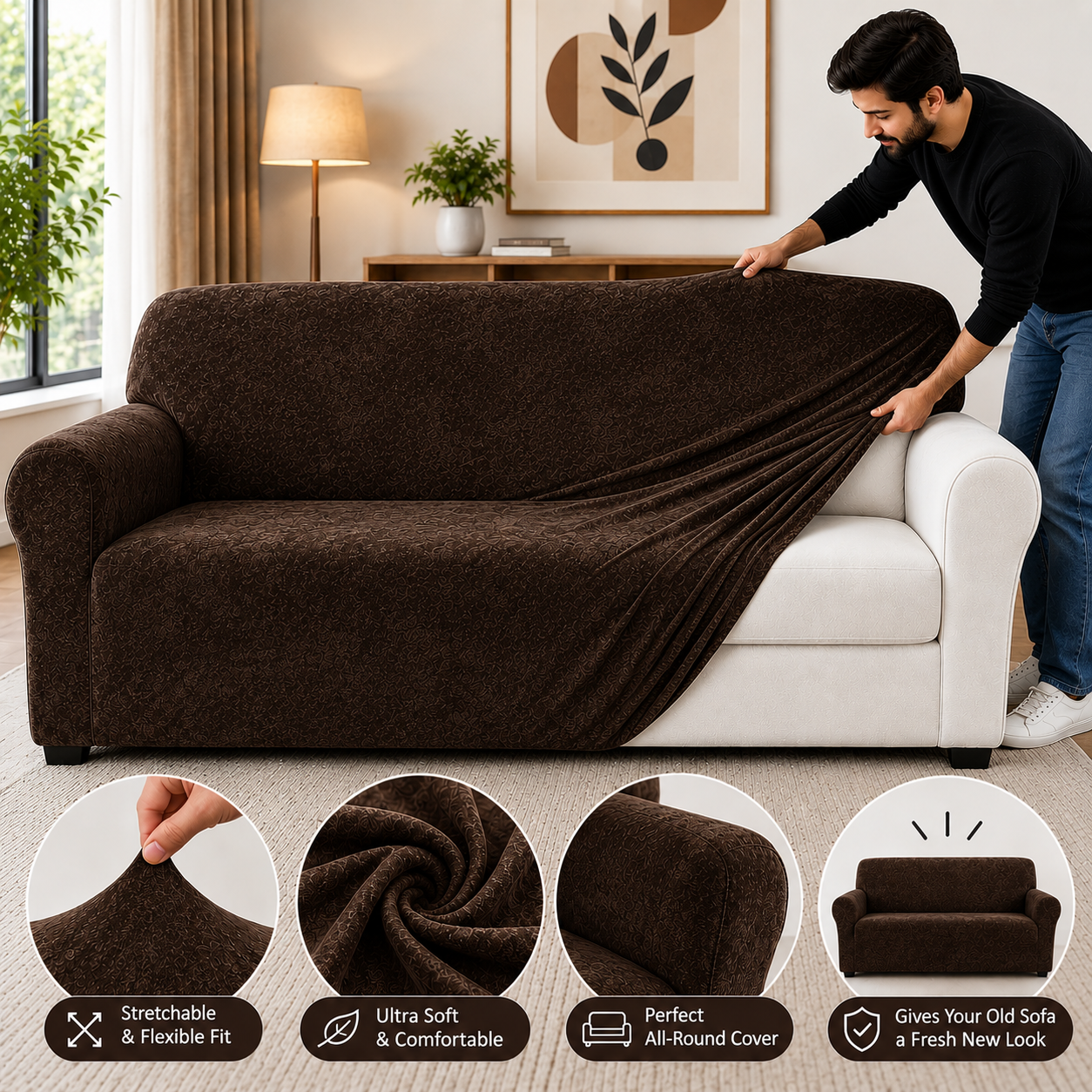 Dark Brown - Plush velvet sofa Cover