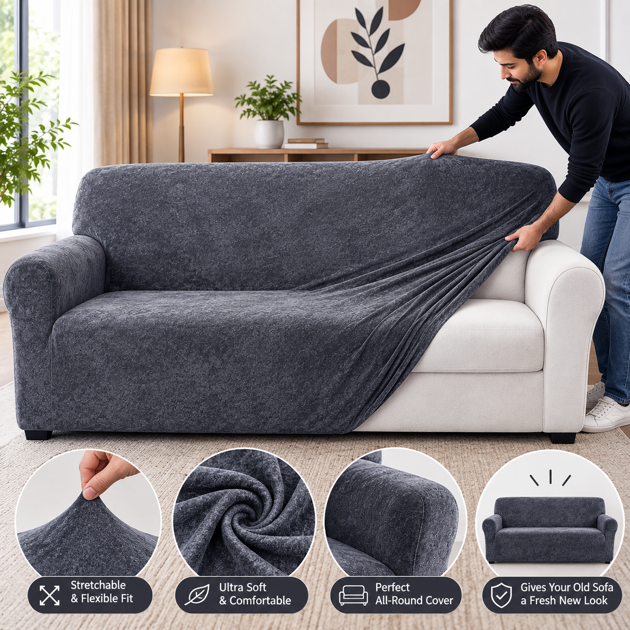 Dark Grey - Plush velvet sofa Cover