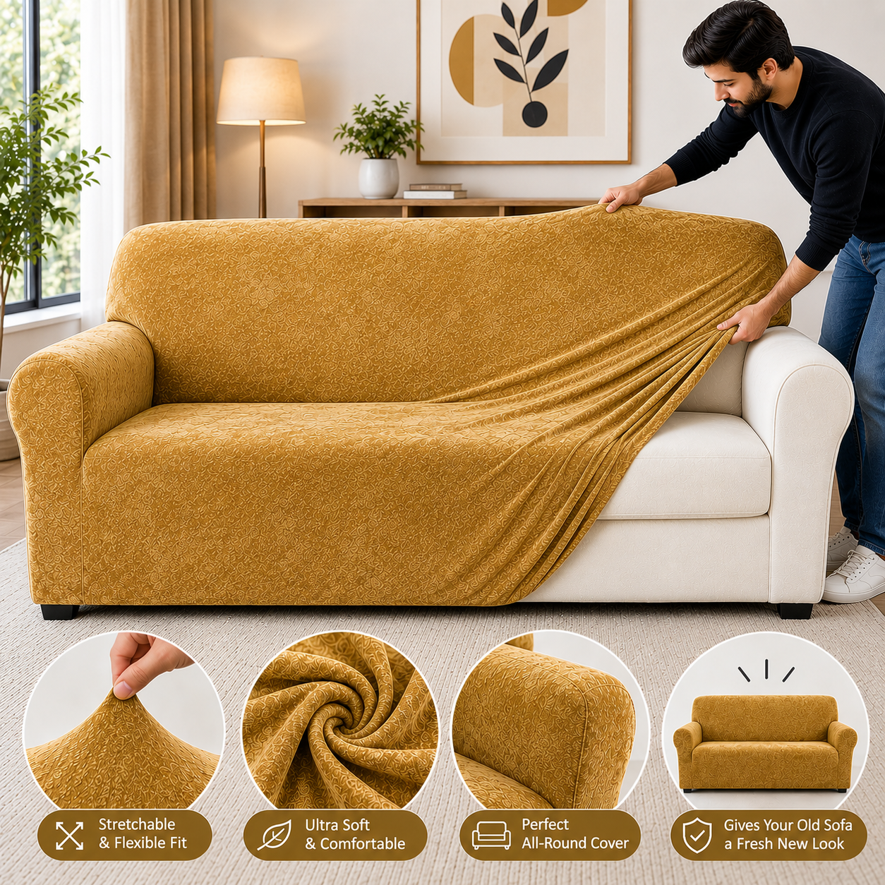 Golden - Plush velvet sofa Cover