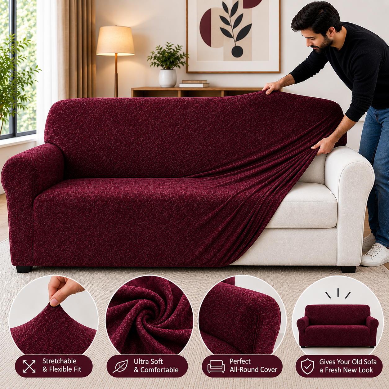 Maroon - Plush velvet sofa Cover