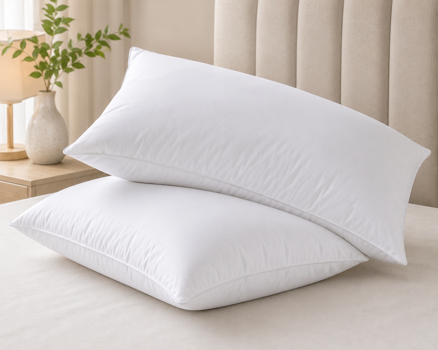 Pack of soft white bed pillows on a bed