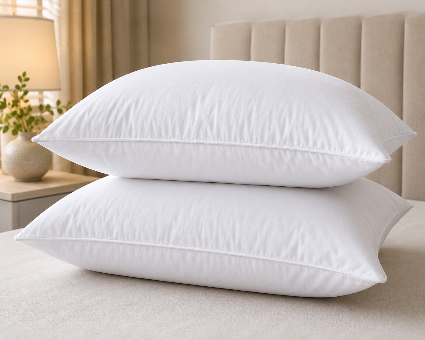 White bed pillows stacked