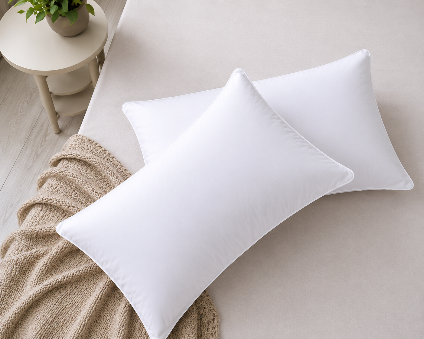 Plush white bed pillows