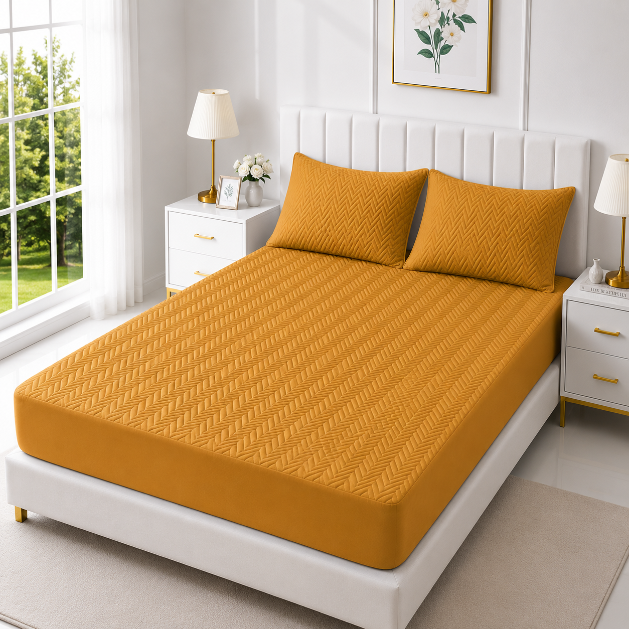 Quilted Waterproof Mattress Cover with Pillows — Copper