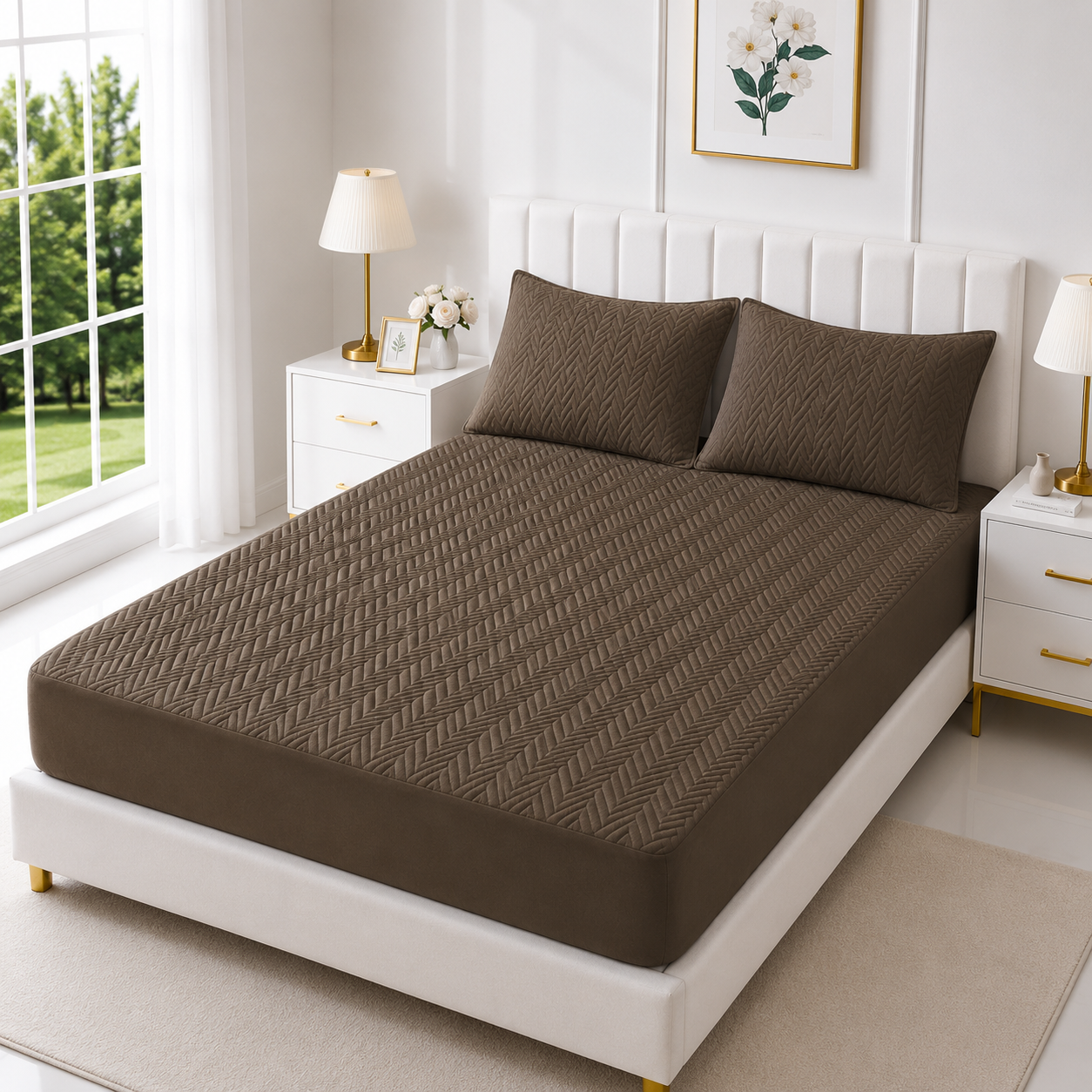 Quilted Waterproof Mattress Cover with Pillows — Dark Brown