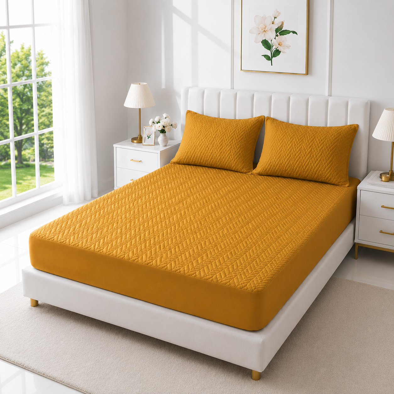 Quilted Waterproof Mattress Cover with Pillows — Golden