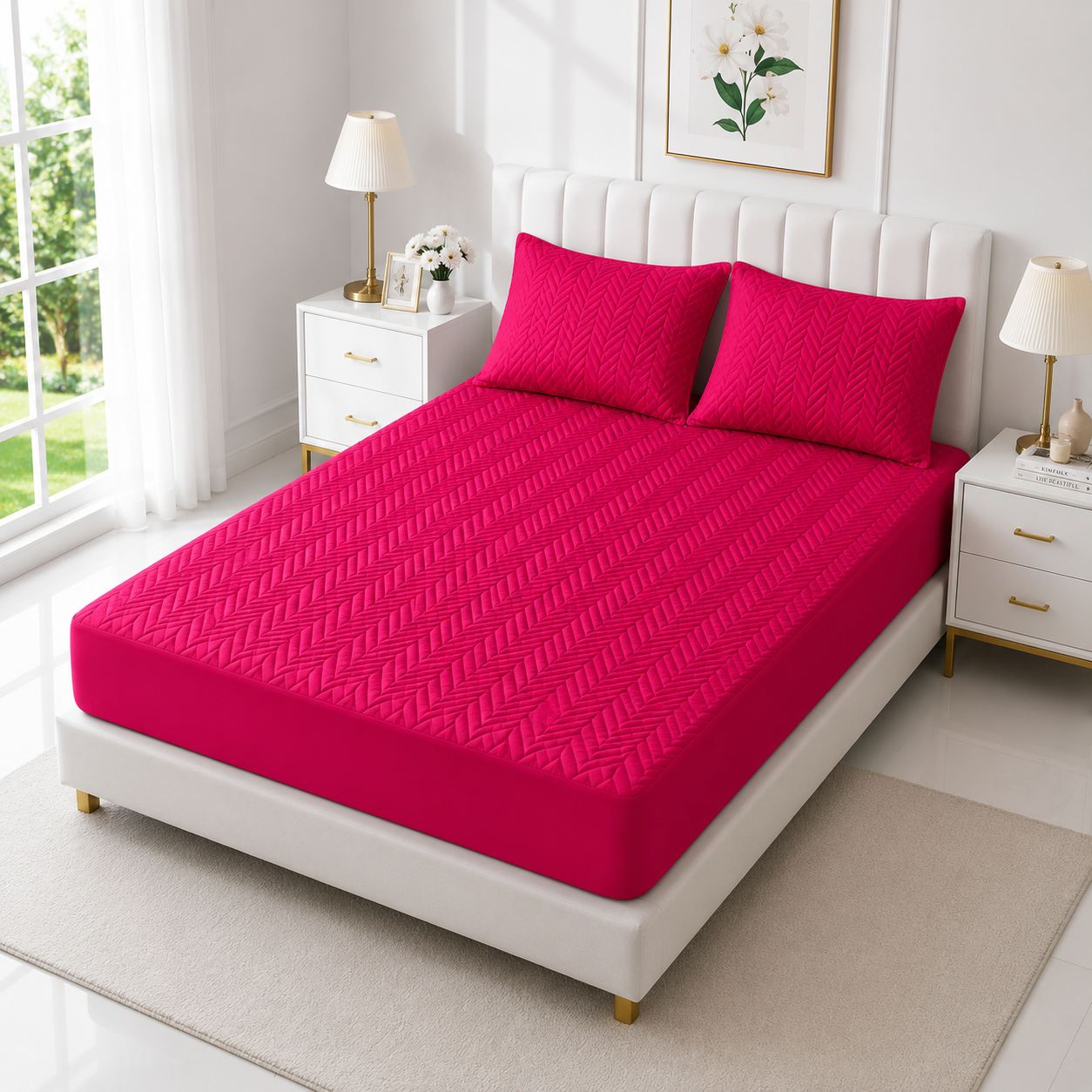Quilted Waterproof Mattress Cover with Pillows — Maroon