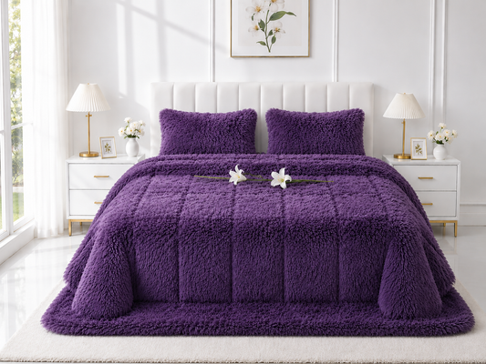 4-Piece Shaggy Quilt Set — Purple