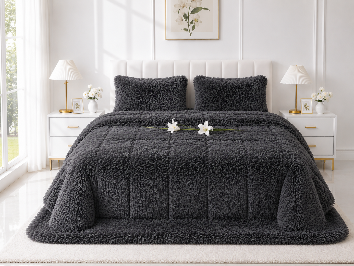 4-Piece Shaggy Quilt Set — Dark Grey