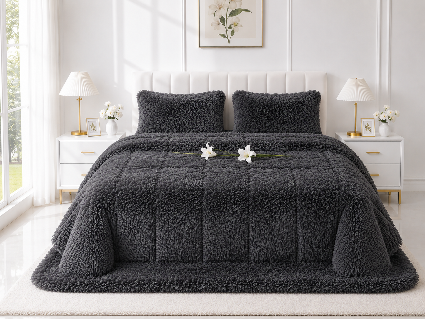 4-Piece Shaggy Quilt Set — Dark Grey