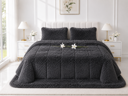 4-Piece Shaggy Quilt Set — Dark Grey