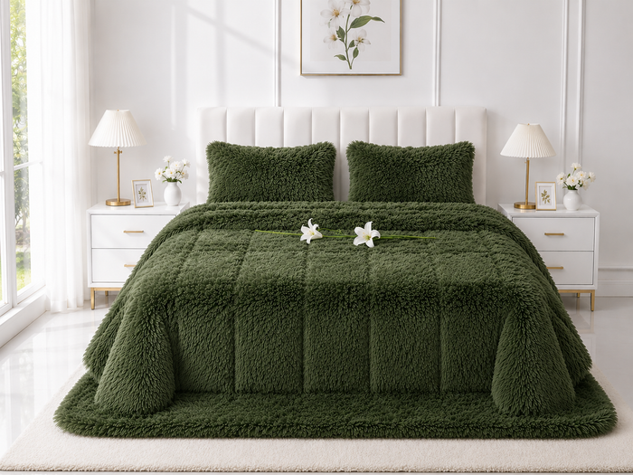 4-Piece Shaggy Quilt Set — Green