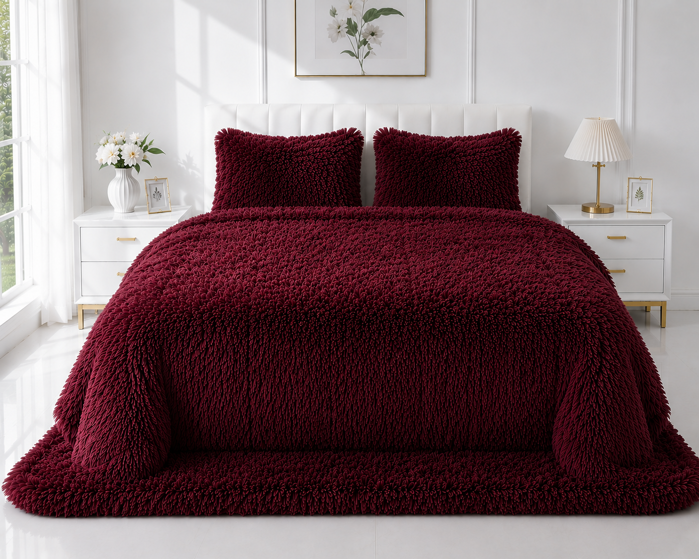 4-Piece Shaggy Quilt Set — Maroon