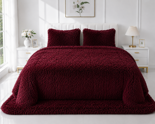 4-Piece Shaggy Quilt Set — Maroon
