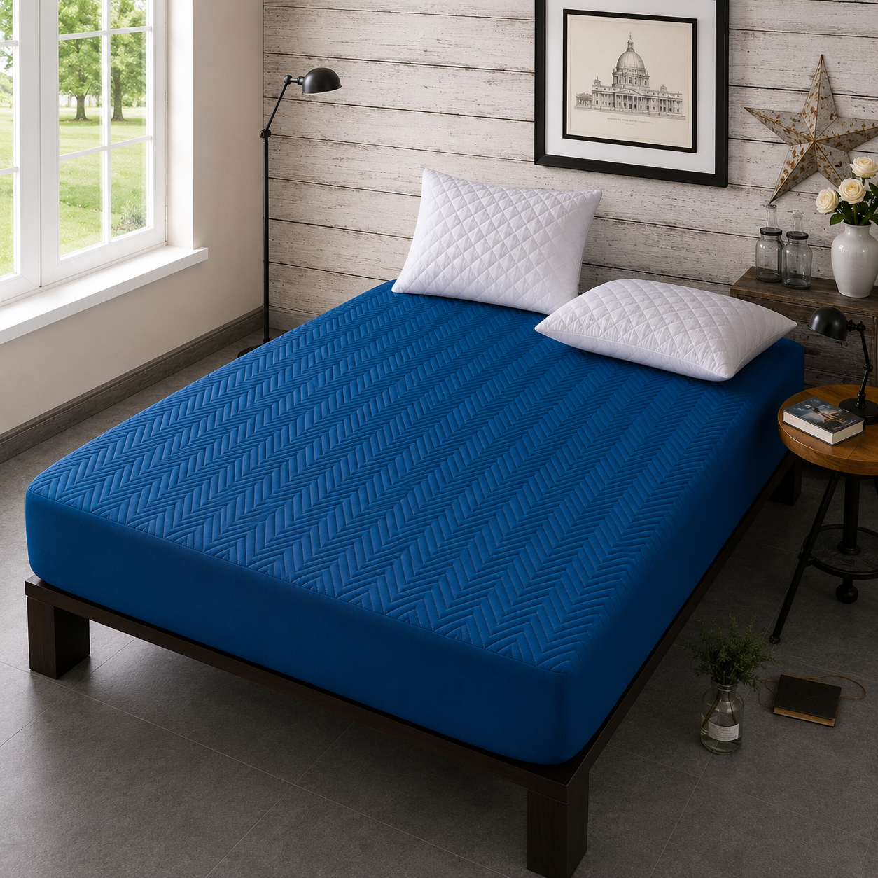 Quilted Waterproof Mattress Cover — Dark Blue